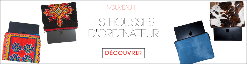 Housses d’ordinateur artisanales marocaines en tapis berbère vintage et cuir recyclé, pièces uniques faites main à Marrakech – Orane Company