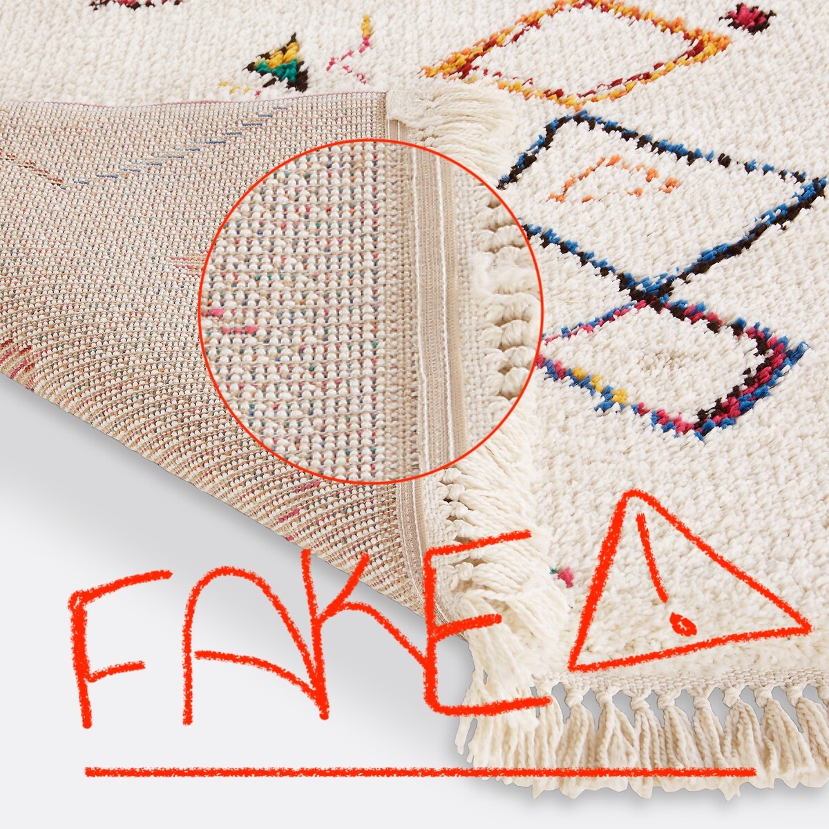 verso d’un faux tapis berbère montrant une fabrication industrielle tuftée