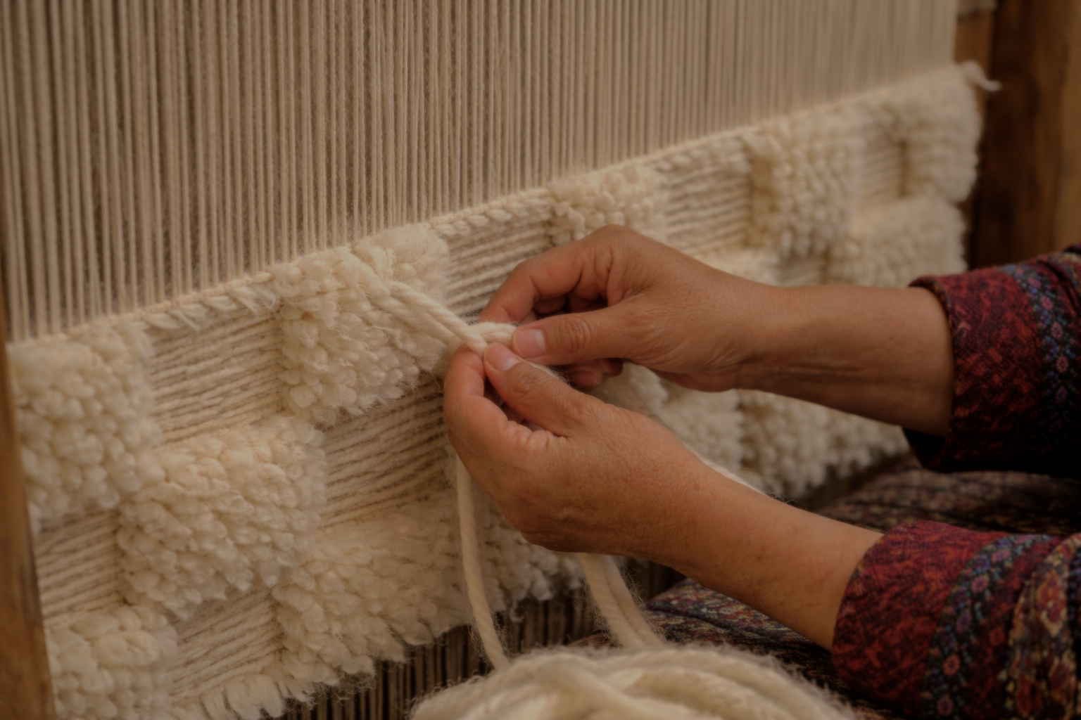 tapis berbère authentique tissé à la main par une artisane marocaine sur métier à tisser traditionnel